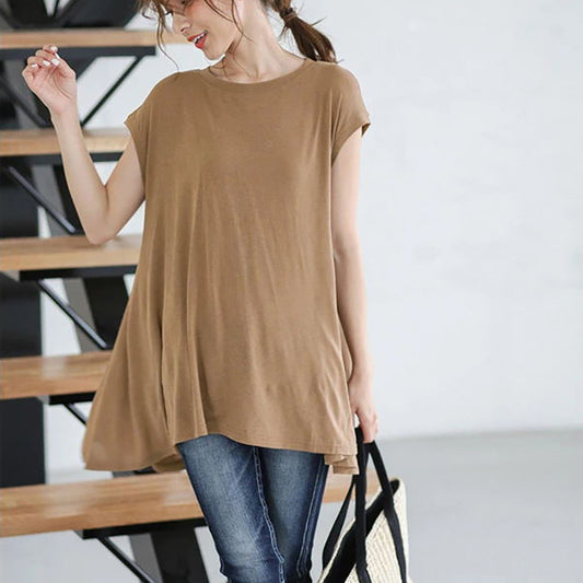 Casual Simple Loose Solid Color Pleated Round-Neck Short Sleeves T-Shirt Tops