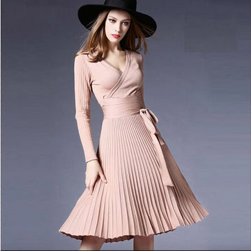 Pure Color V-neck Long Sleeves Knee-length Fashion Dress