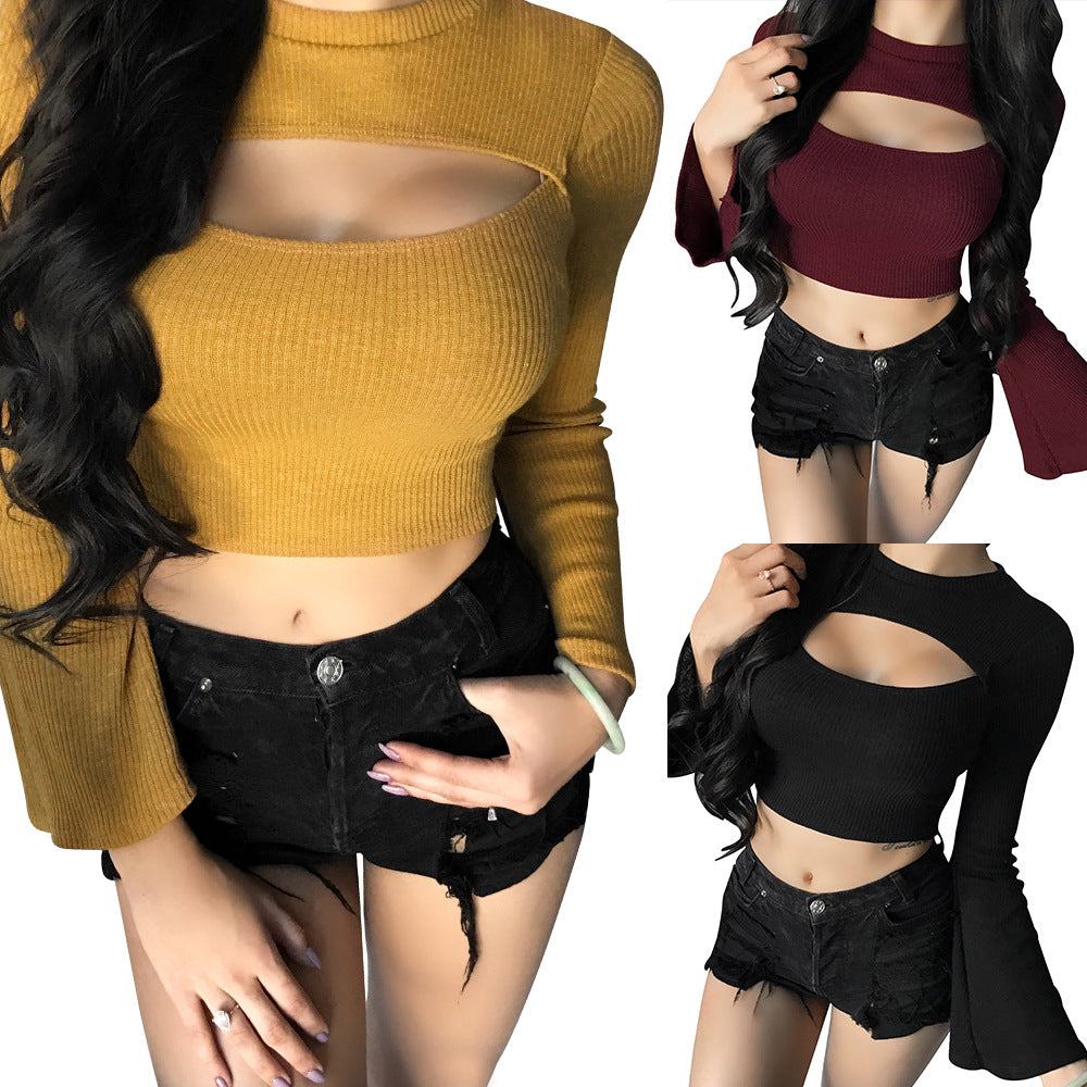 Pure Color Long Sleeves Scoop Hole Cut Out Sweater