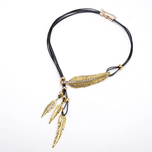 Fashion fan personality exaggeration leather rope leaves Tassel Necklace accessories