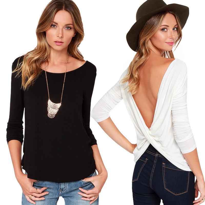 Backless Back Cross Scoop Long Sleeves Sexy Blouse