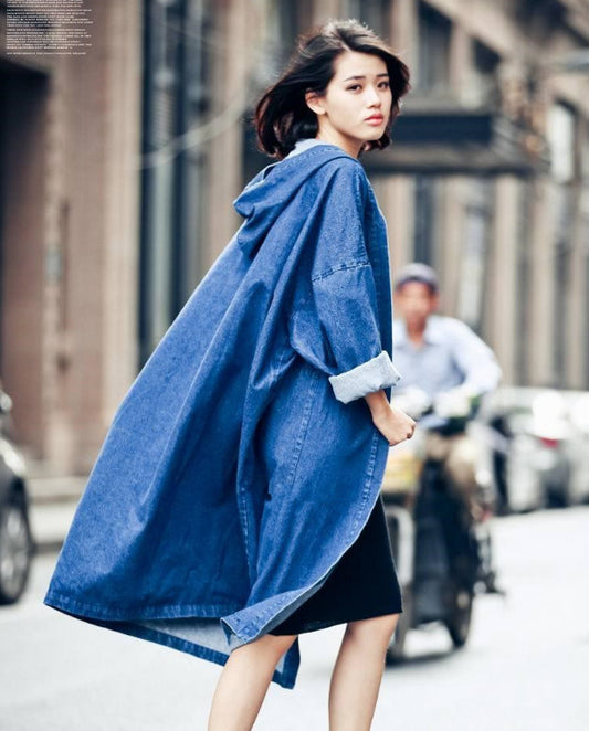 Spring And Autumn New BF Style Casual Loose Knee Coat Hooded Denim Windbreaker Coat