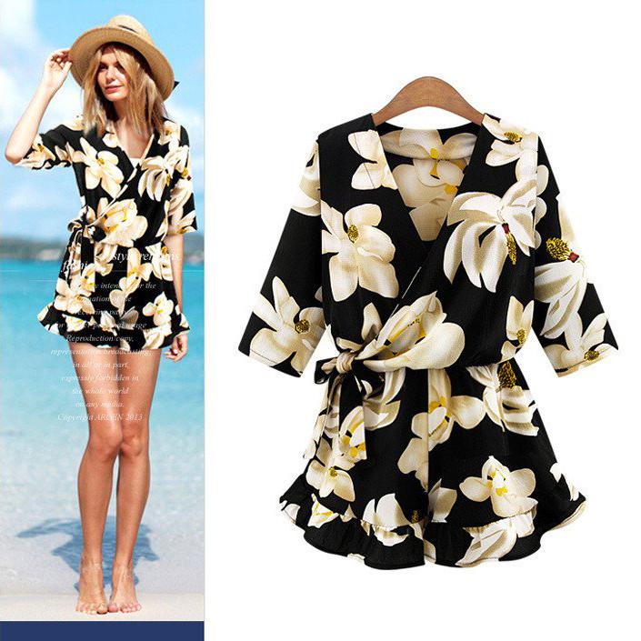 Flower Print 3/4 Sleeves V-neck A-line Fashion Short Jumpsuits - Meet Yours Fashion - 1