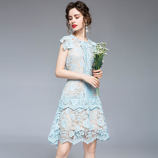 Water Soluble Lace Irregular Fan Skirt Slim Dress
