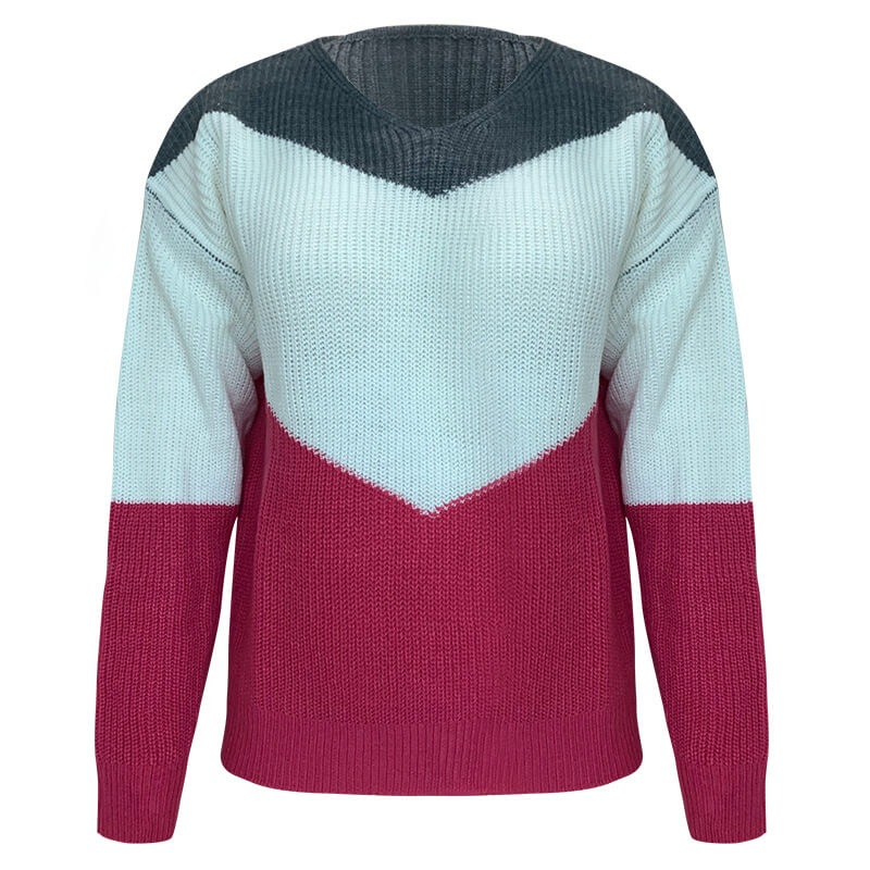 Colorblock V Neck Pullover Knitted Sweater