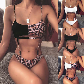 Hot Leopard Cutout Buckle Chain Thong Bottom Bikinis
