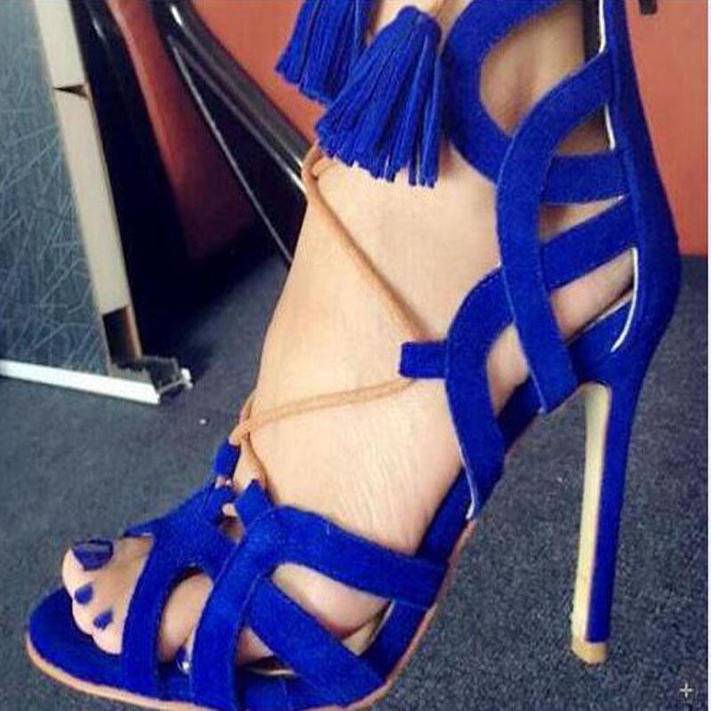Blue Fringe Suede High Heel Sandals