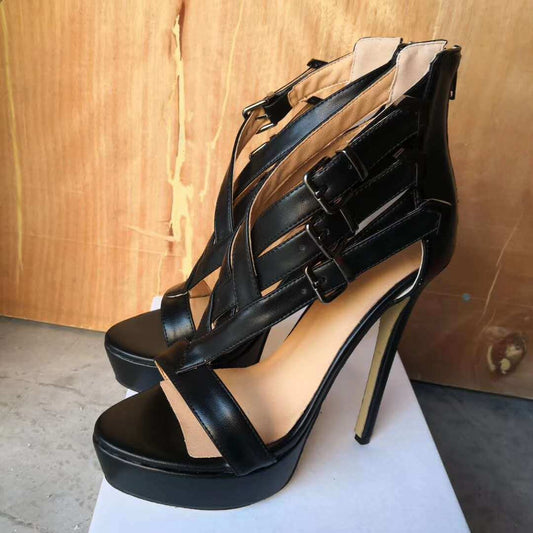 Sexy Black Leather Open Toe Platform Cutout High Heel Sandals