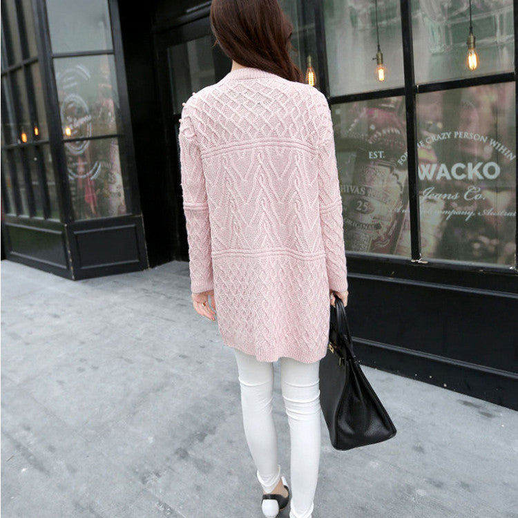 Cable Beadings Loose Candy Color Long Sleeves Long Cardigan