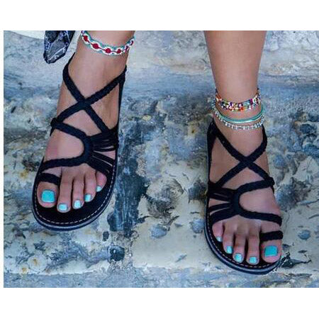 Bohemian Weave Strings Thong Pure Color Ankle Strap Women Beach Flat Sandals