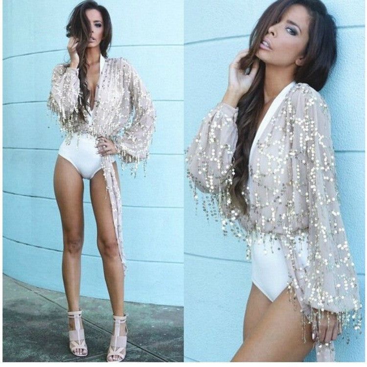 Sequin Long Sleeves Deep V-neck Sexy Club Blouses