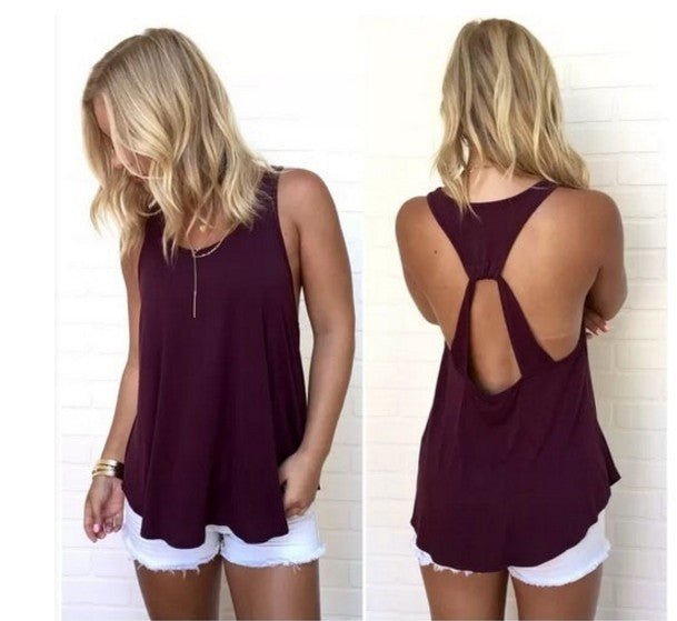 Scoop Sleeveless Backless Pure Color Backcross Blouse - Meet Yours Fashion - 2