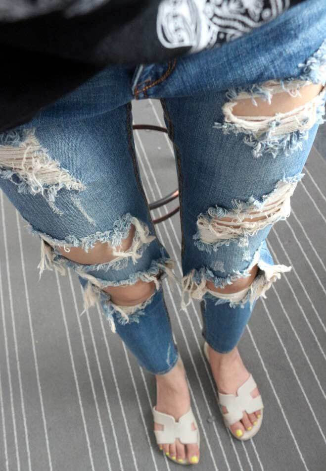 Beggar Holes Ripped Slim Low Waist Fashion Jeans
