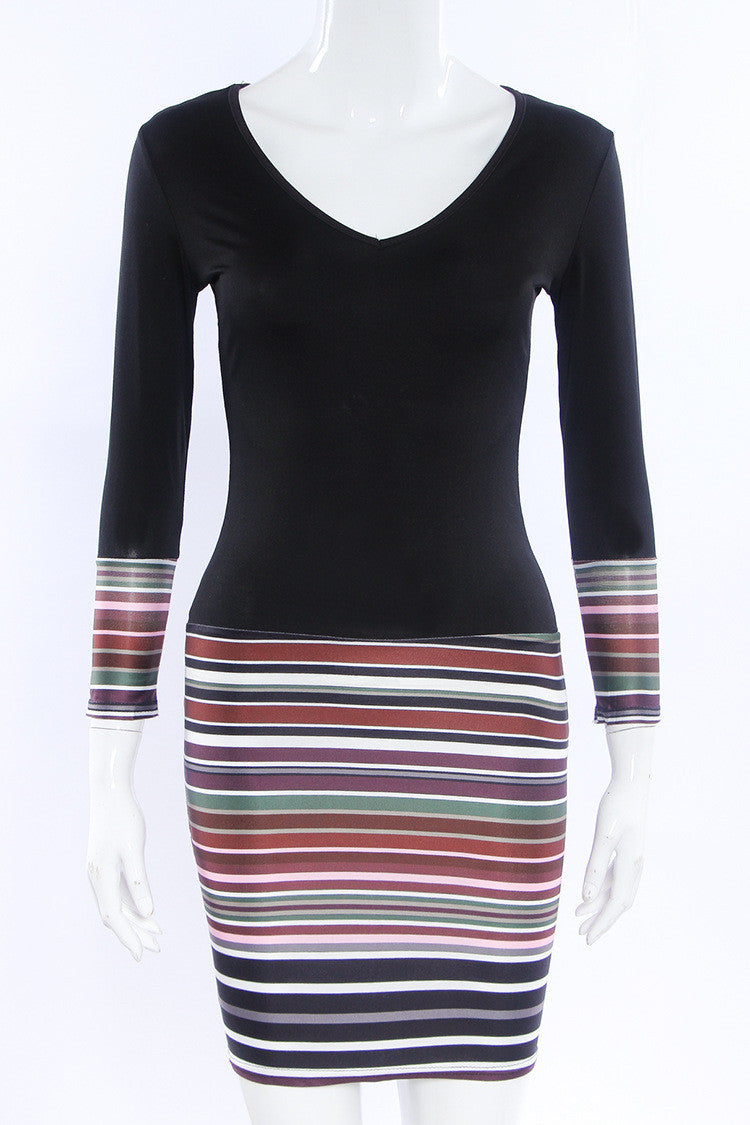 Black Stripe Print Long Sleeve V Neck Short Bodycon Dress
