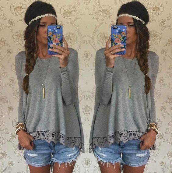 Lace Patchwork Long Sleeves Casual Loose Scoop T-shirt - Meet Yours Fashion - 3