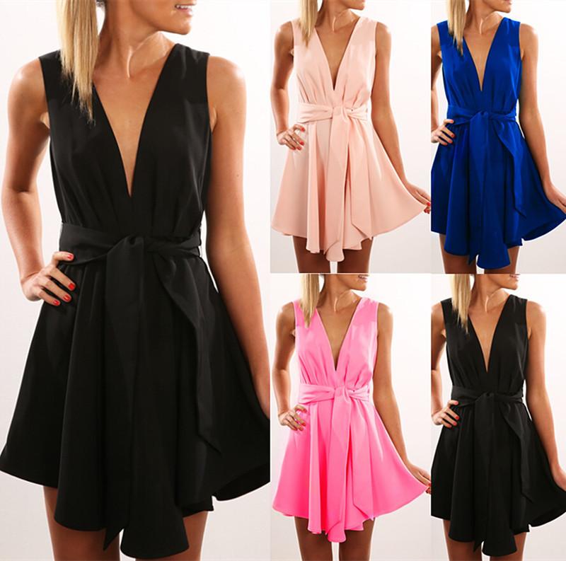 Open Back Sleeveless Solid V-neck Short High-waist Dresses - Meet Yours Fashion - 1