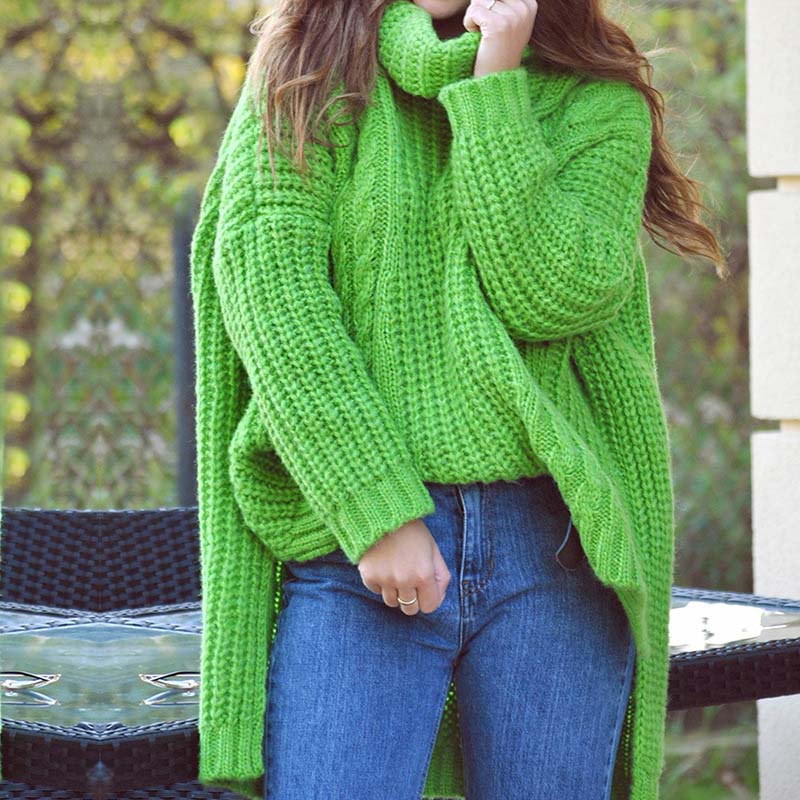 Oversized Turtleneck Low High Cable Knitted Sweater