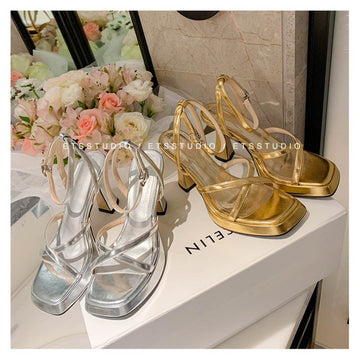 New Arrival Golden French Style Sexy Open Toe High Heels Sandals