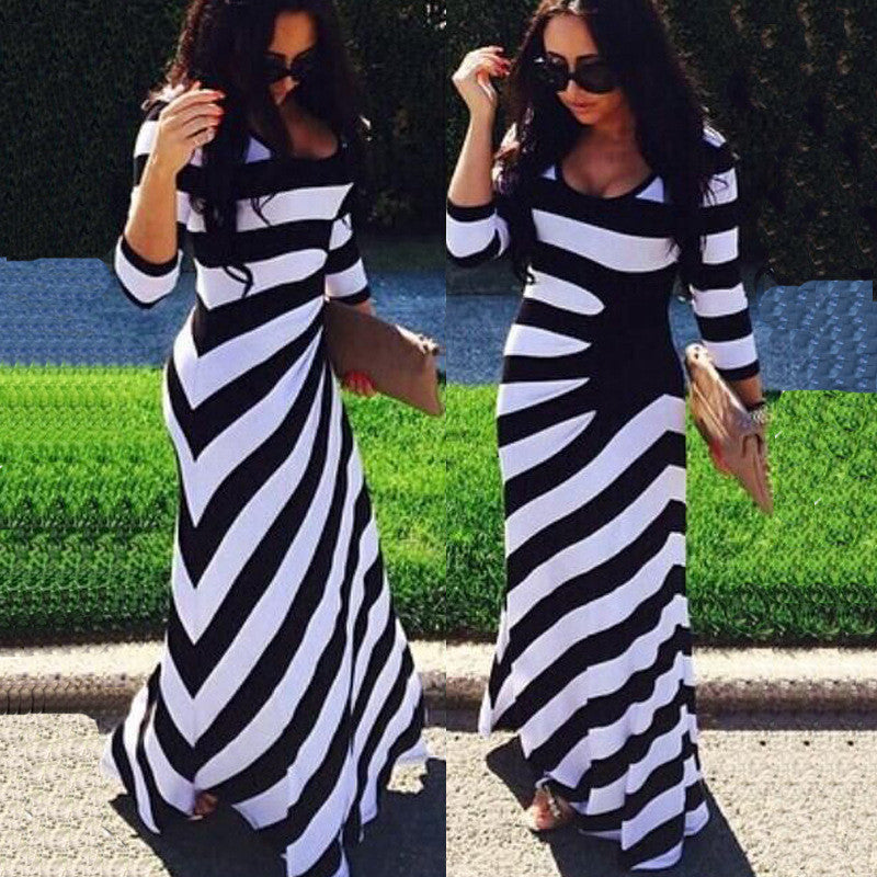 Striped 3/4 Sleeve Scoop Irregular long Dress - Meet Yours Fashion - 2