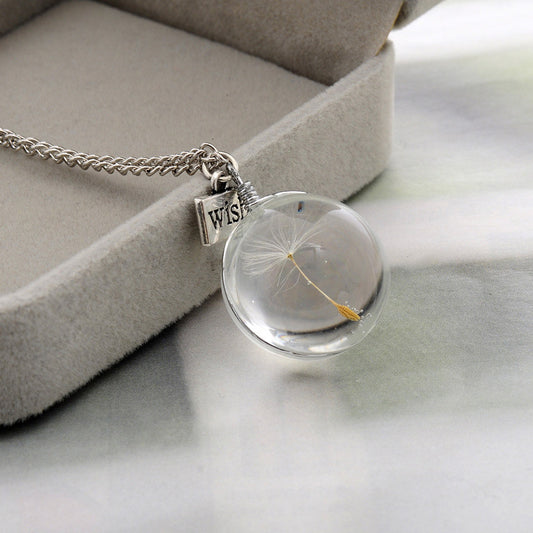 Handmade DIY Natural Dandelion Double Time Gem Pendant Necklace