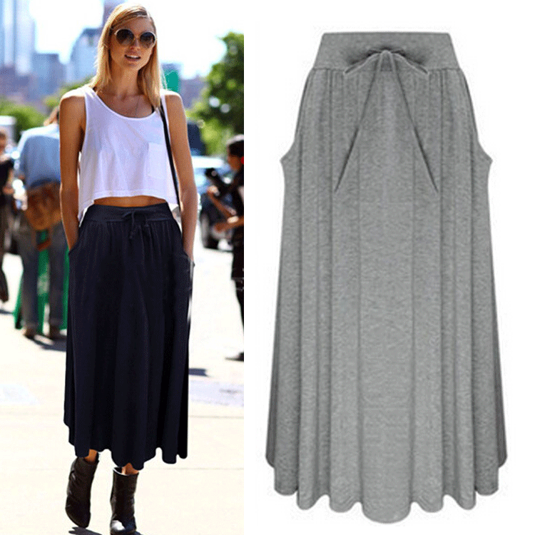 Bowknot Solid Side Pockets Pleated Long Skirt - Meet Yours Fashion - 2