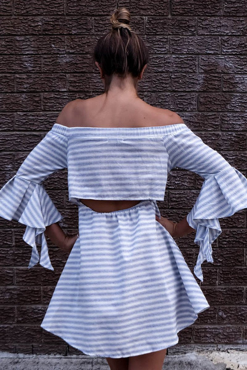 Loose Off Shoulder Stripe Long Sleeve Short Dress - Meet Yours Fashion - 6