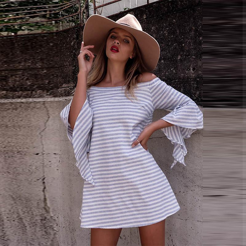 Loose Off Shoulder Stripe Long Sleeve Short Dress - Meet Yours Fashion - 2