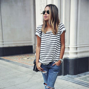 Clearance Striped Scoop Short Sleeves Casual Loose T-shirt