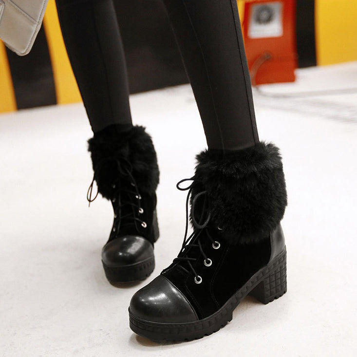 Curled Edge Faux Fur Lace Up Low Chunky Heels Short Boots