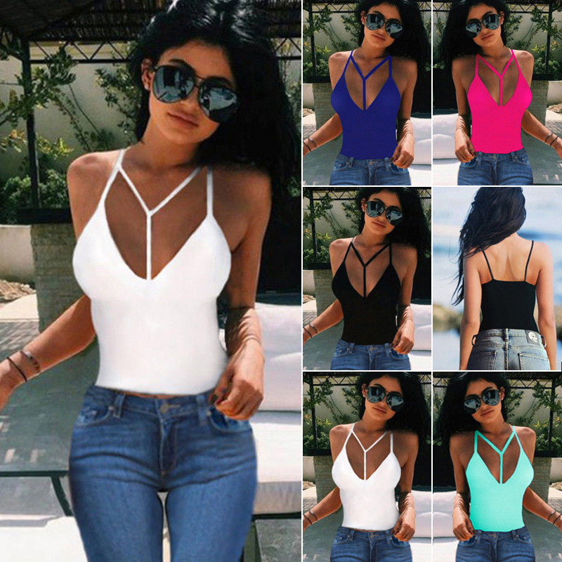 V-neck Spaghetti Strap Sleeveless Pure Color Vests - Meet Yours Fashion - 2