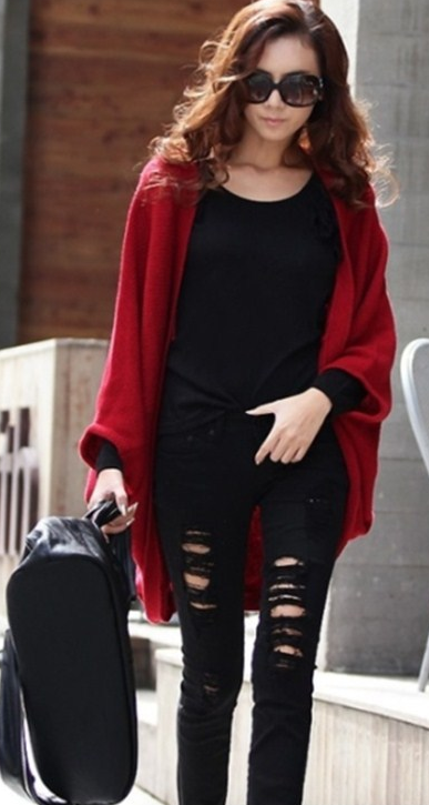 Batwing Solid Color Shawl Knit Loose Cardigan 