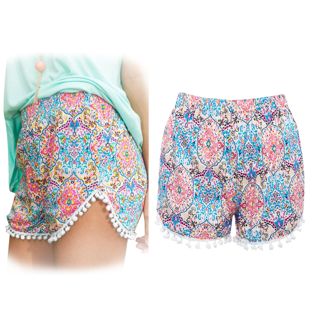 Colorful Flower Print Fur Ball Casual Women's Shorts