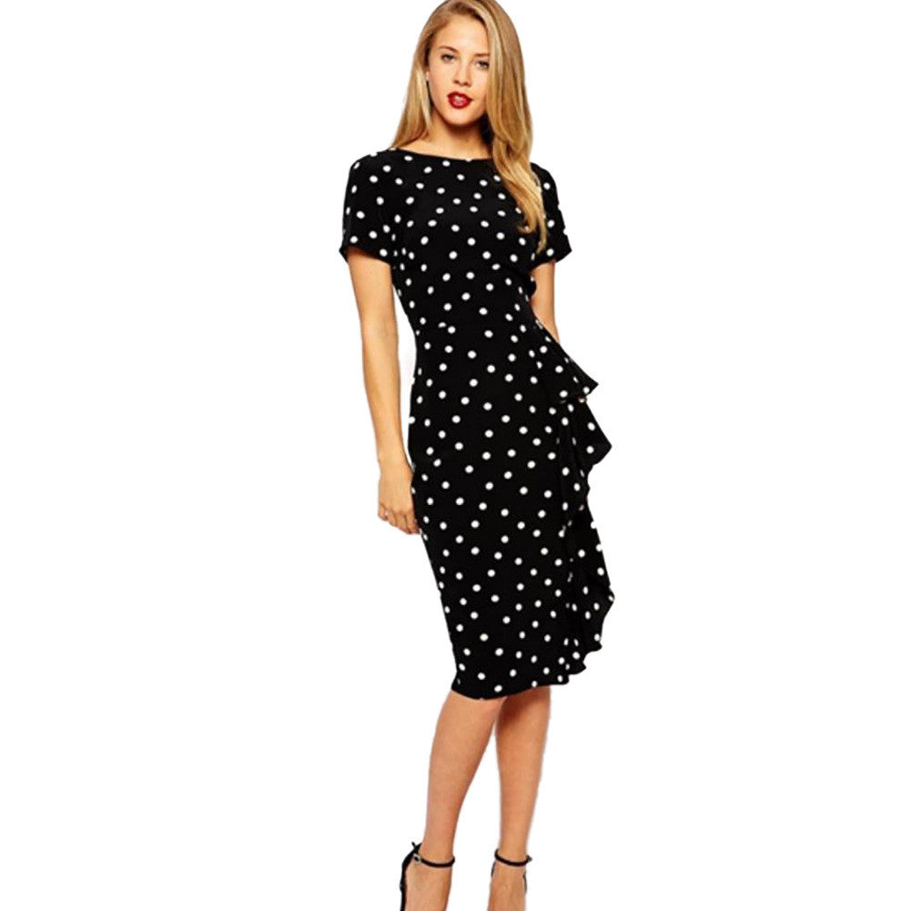Slim Print Dots O-neck Short Sleeve Knee-length Dress - Meet Yours Fashion - 4