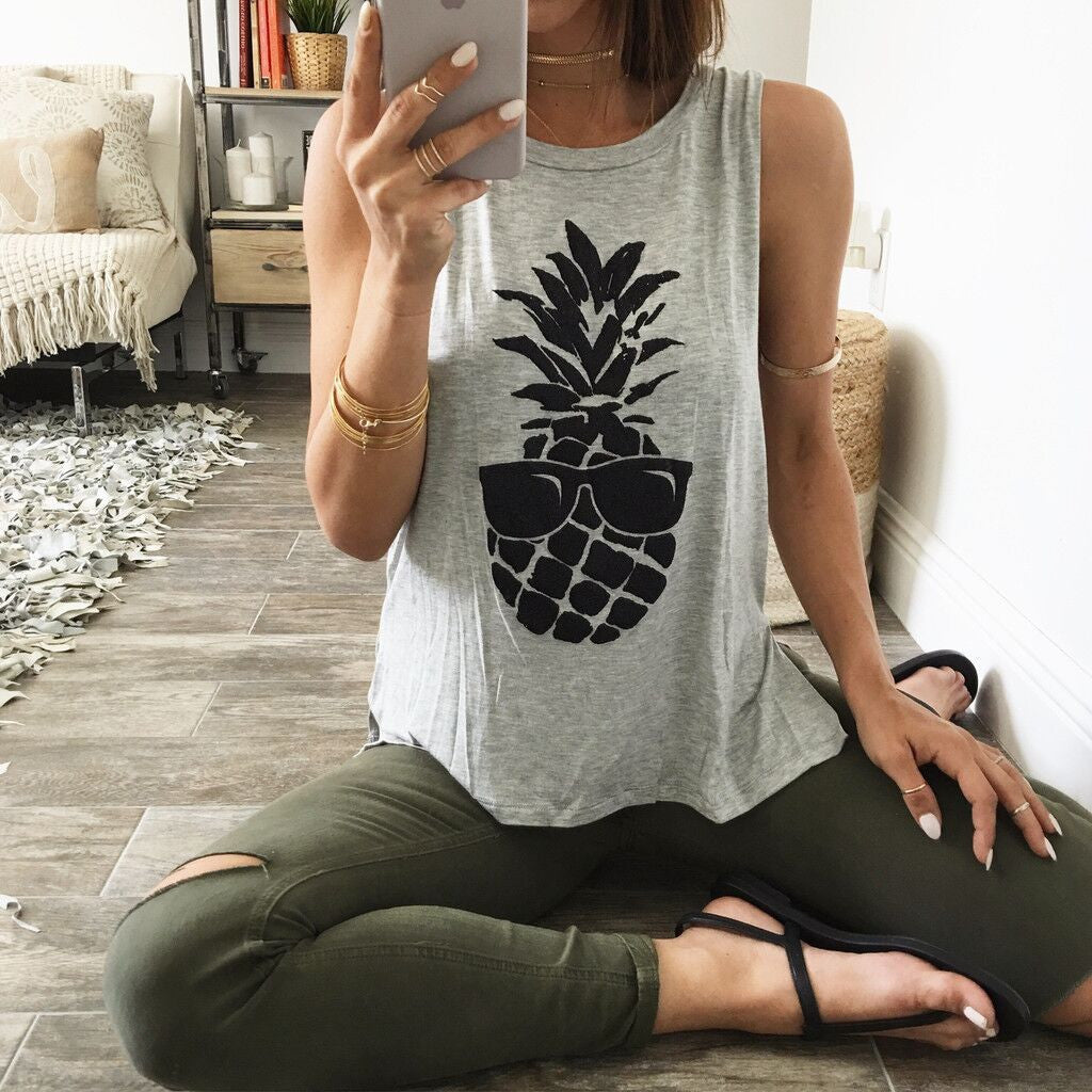 Scoop Sleeveless Pineapple Print Split Casual Vests - Meet Yours Fashion - 2