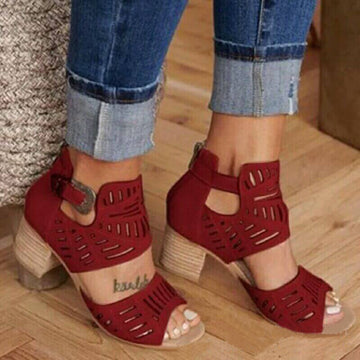 Peep Toe Cutout Leather High Chunky Heel  Sandals