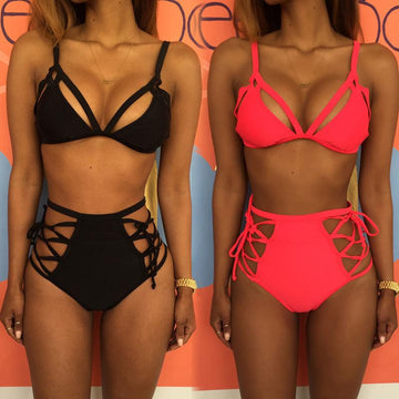 Cut Out Cross Wrap Strappy Spaghetti Strap High Waist Bikini Set Swimwear - Meet Yours Fashion - 1