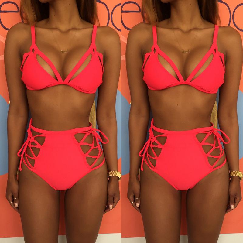 Cut Out Cross Wrap Strappy Spaghetti Strap High Waist Bikini Set Swimwear - Meet Yours Fashion - 5
