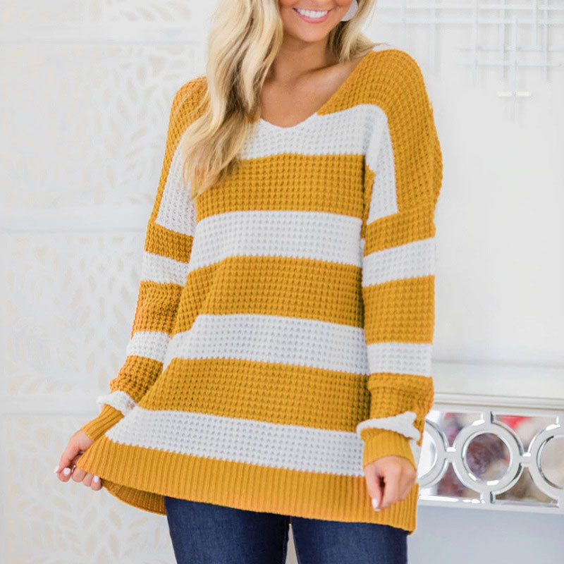 Slouchy V Neck Striped Crochet Sweater