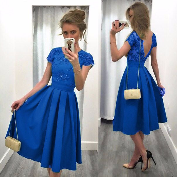 Splicing Solid Color Backless Short Sleeves Dress - Meet Yours Fashion - 4