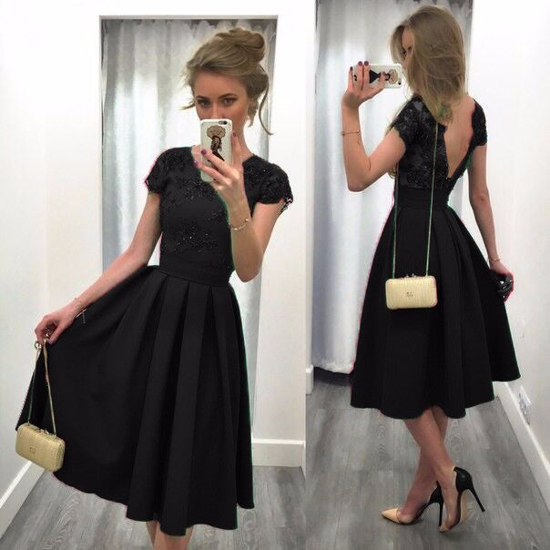 Splicing Solid Color Backless Short Sleeves Dress - Meet Yours Fashion - 6