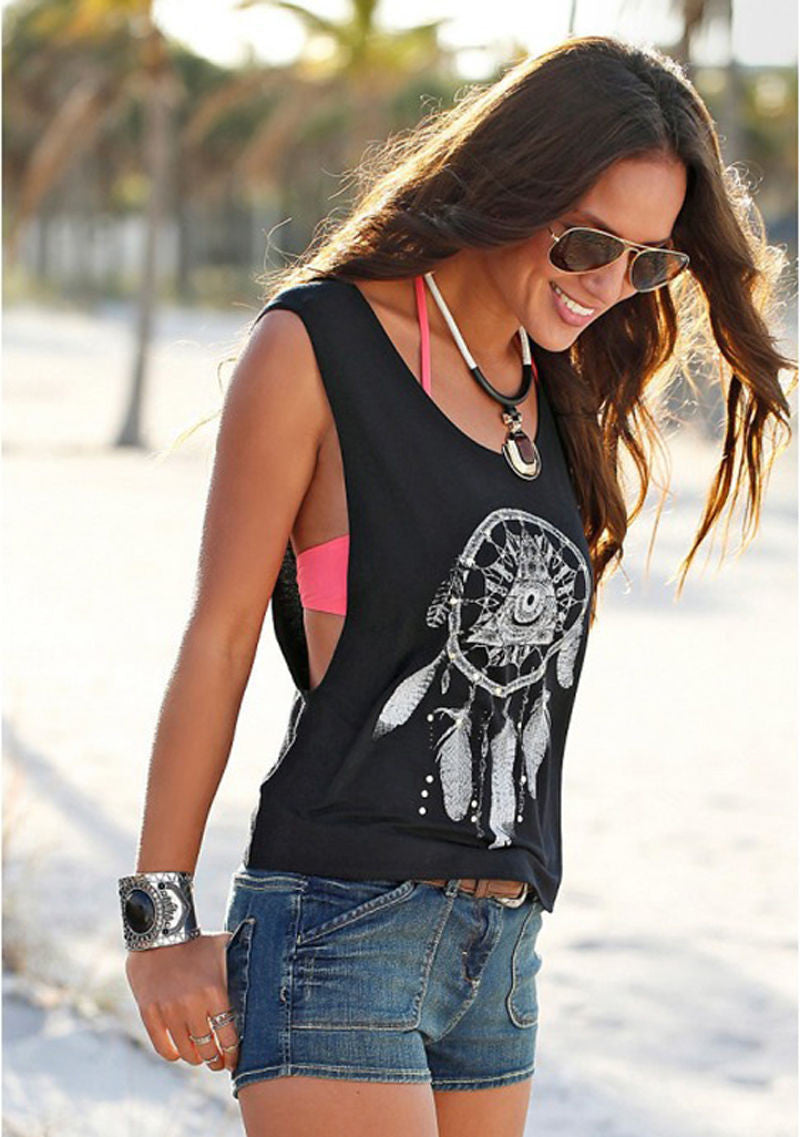 Scoop Sleeveless Flower Print Casual Loose Vest - Meet Yours Fashion - 1