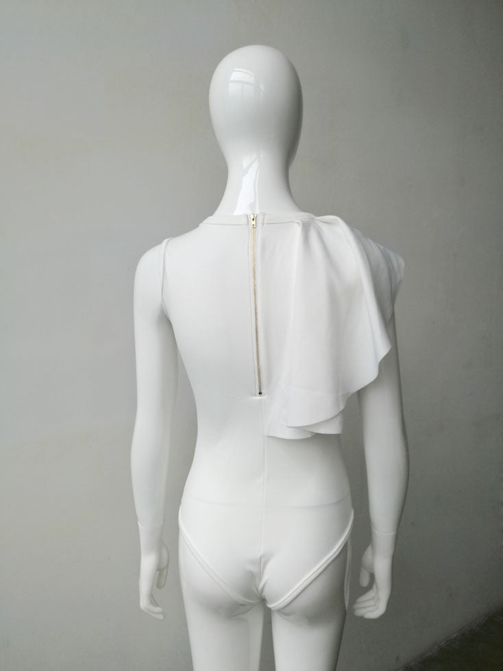Pleated Falbala Decoration Sleeveless Pure Color Short Bodysuit