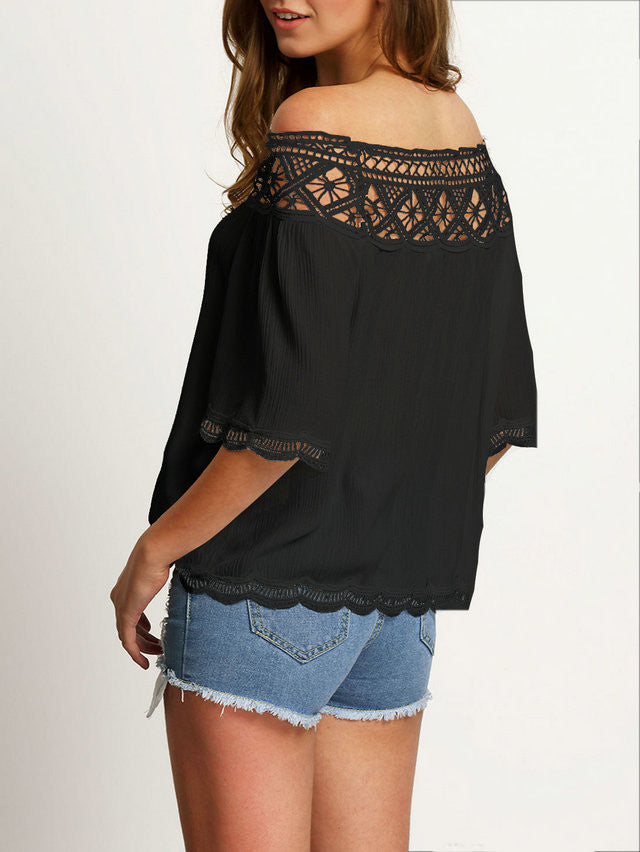 Off-Shoulder 1/2 Sleeve Lace Patchwork Chiffon Loose Blouse
