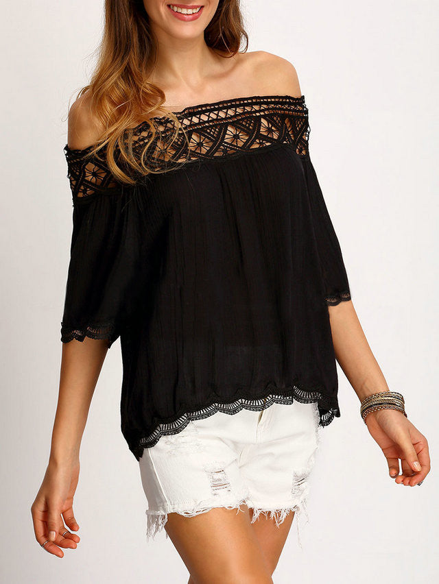Strapless Lace Patchwork 1/2 Sleeves Off-shoulder Chiffon Blouse