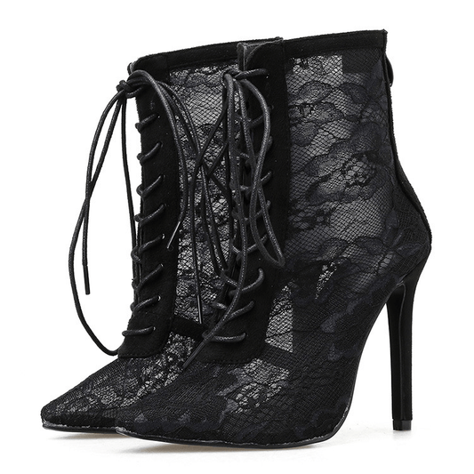 Black Lace Strap Point Toe High Heel Boots