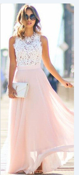 Fashionable Lace Splicing O-neck Sleeveless Long Dress