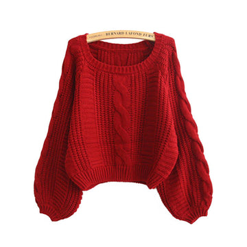 Cable Sleeve Coarse Yam Pure Color Pullover Sweater - Meet Yours Fashion - 1