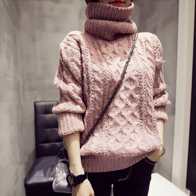 High Neck Pullover Loose Solid Color Knit Sweater