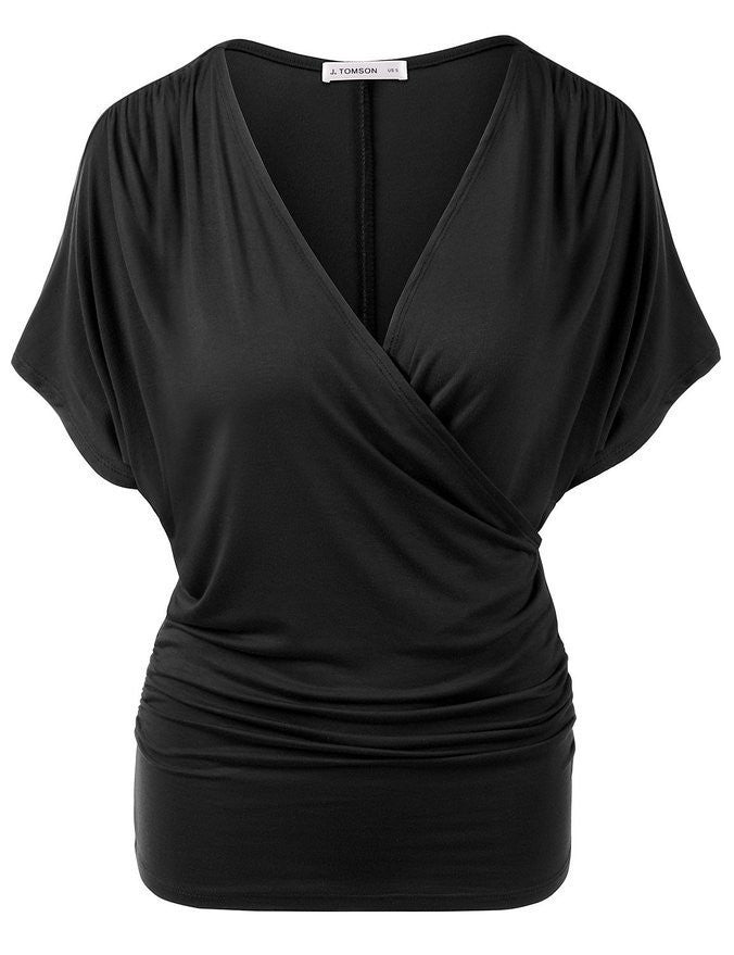Sexy V Neck Wrap Style Pure Color Bat Short Sleeve Blouse