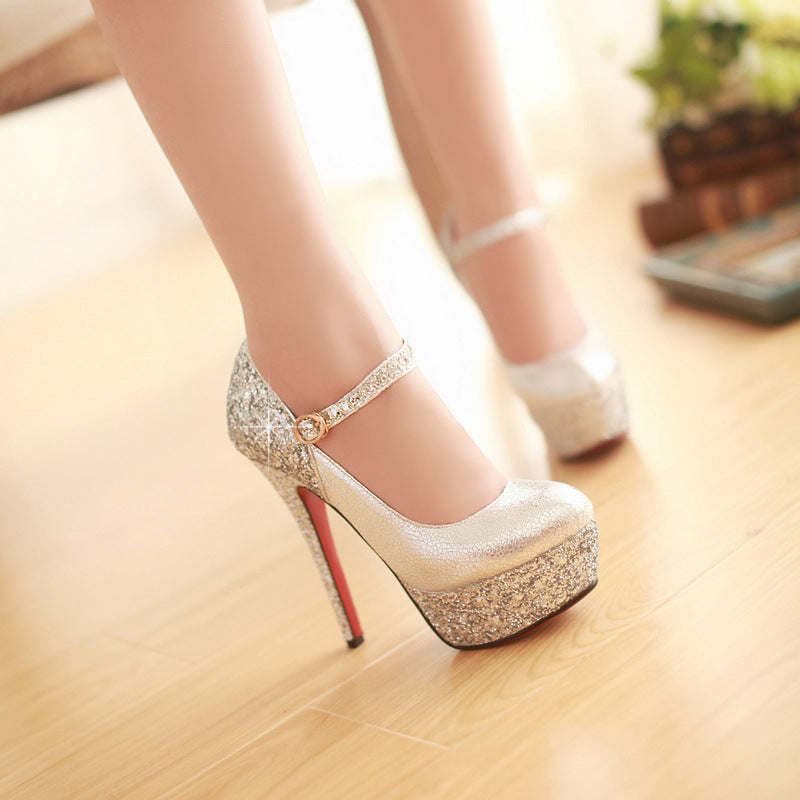 Charming Rhinestone Stiletto Heel Round Toe Ankle Strap High Heels Party Shoes
